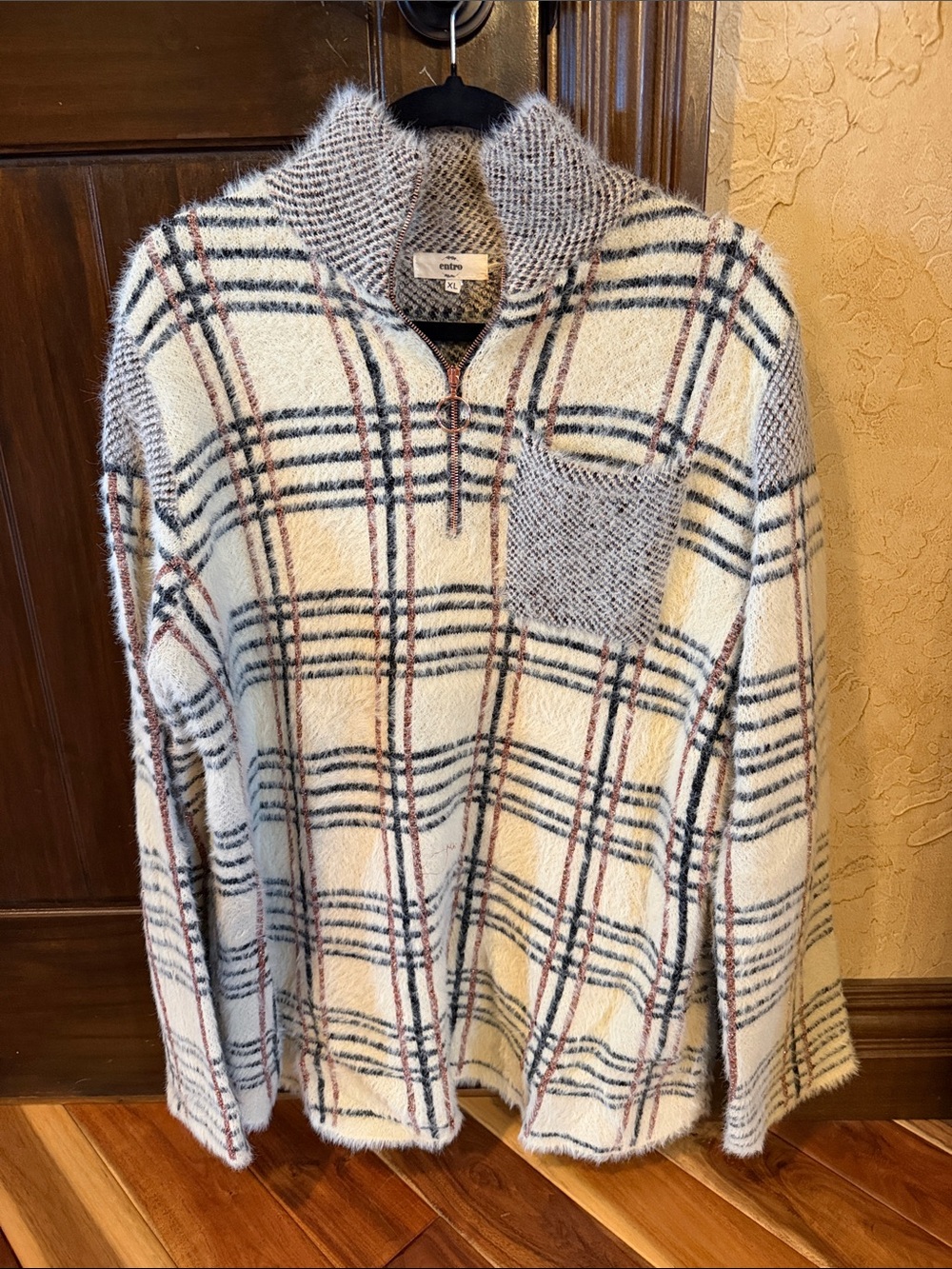 Entro Cozy Plaid Half-Zip Sweater - Cream/Gray